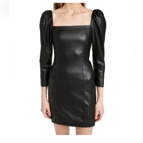 Alice + Olivia Frances Vegan Leather Puff Sleeve Mini Dress Size 2 - Picture 5 of 16
